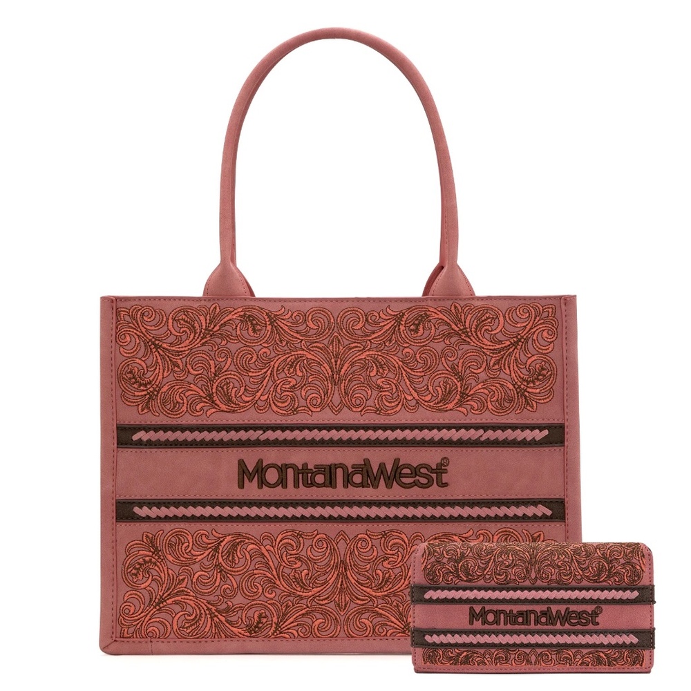 Montana West Embroidered Collection Concealed Carry Tote Wallet Set Pink
